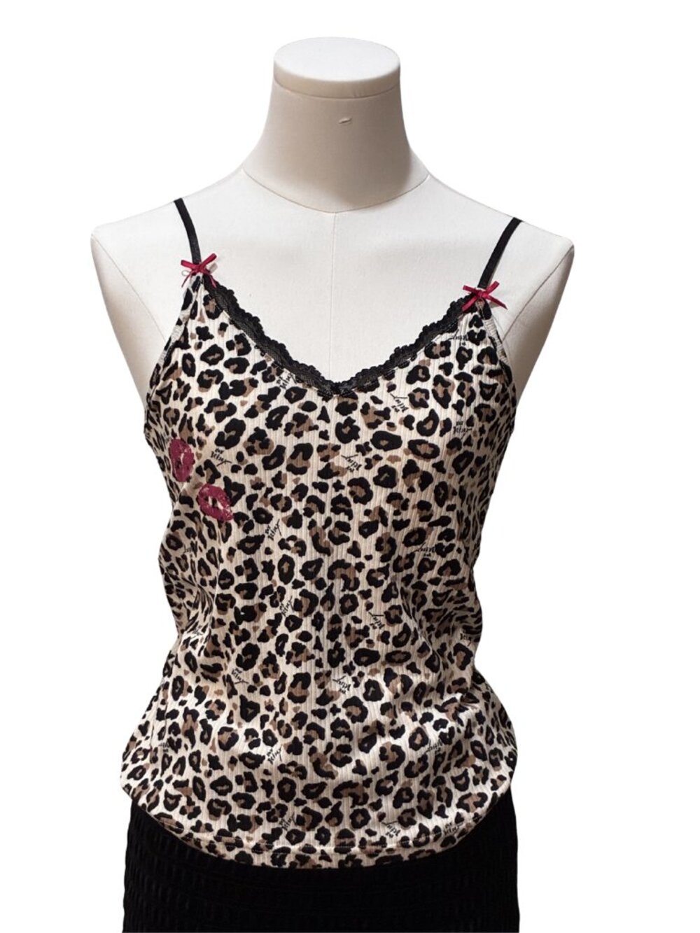 Betsey Johnson Y2K XOX Leopard Print Cami Top Lace Trim Pink Lips Bows Small